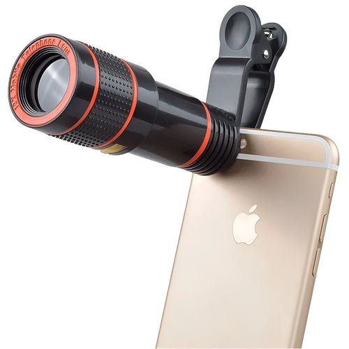 12X magnification black phone telescope lens with mounting clip extended next to a smartphone.