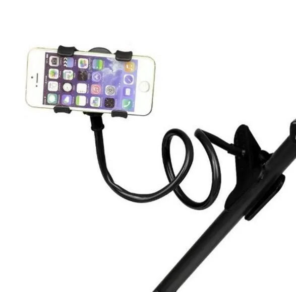 Black universal mobile phone holder with long 70cm flexible arm and V-type clip.