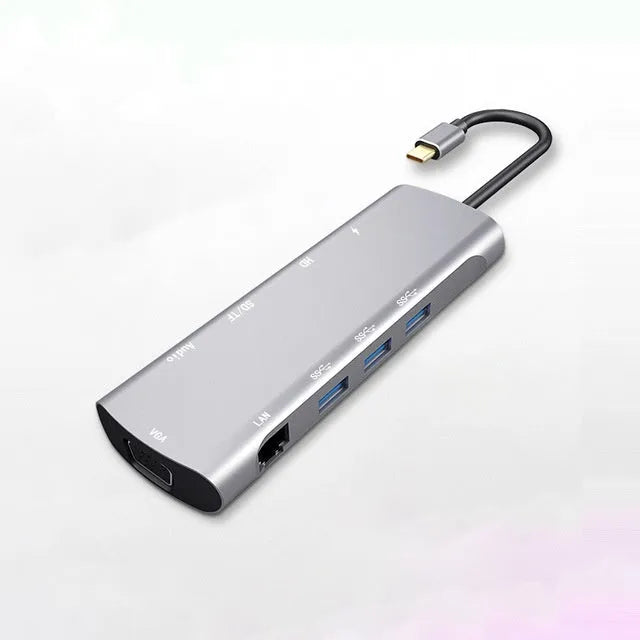 Grey USB-C docking station with HDMI, VGA, USB 3.0 ports and 14cm cable