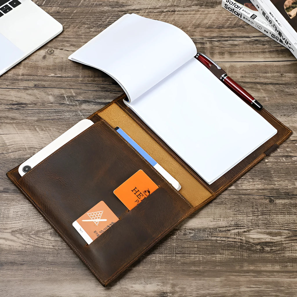 Brown Crazy Horse leather A5 notebook protective sleeve with square pocket design
