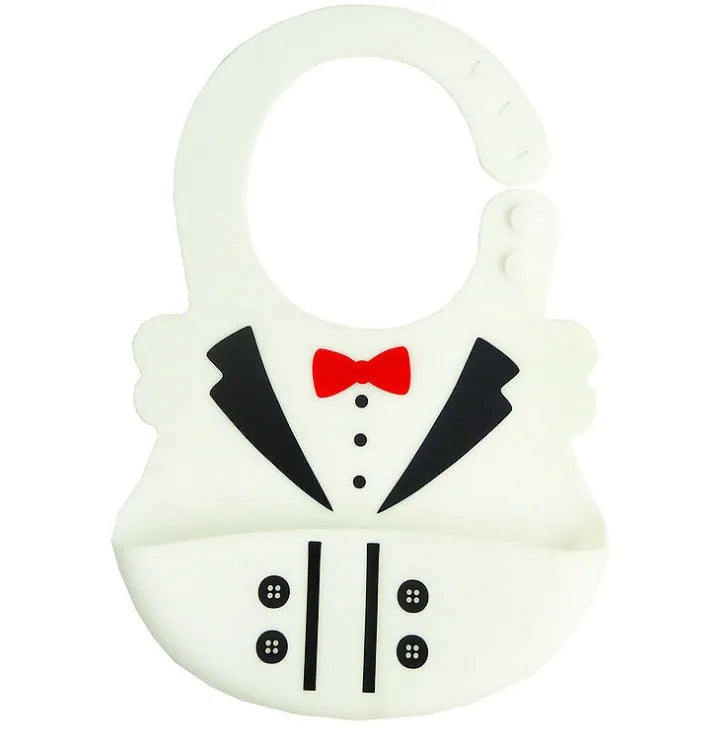 Waterproof silicone baby feeding bib with deep pocket in multiple colours, 28x21cm, on a white background