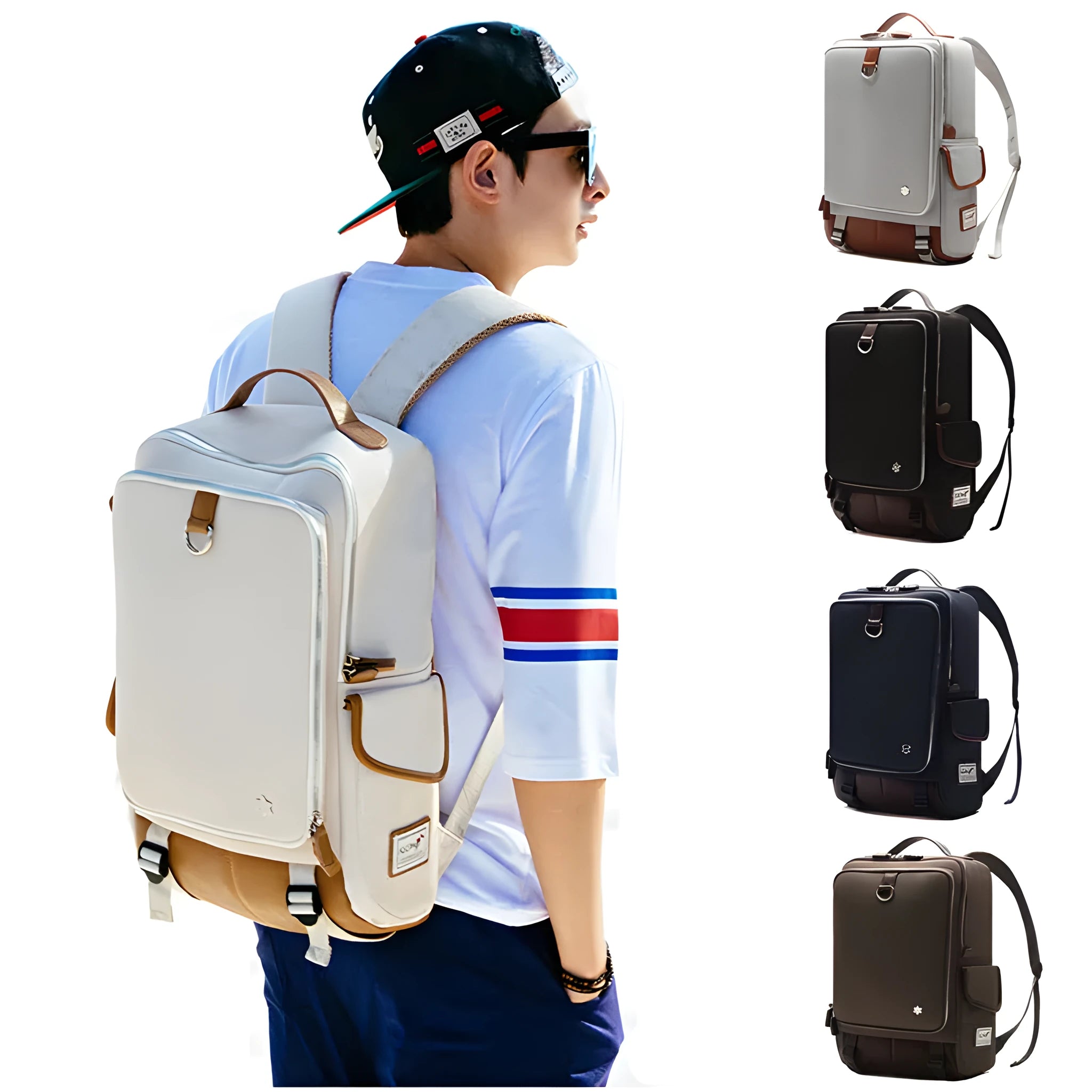 Large grey Korean-style backpack made of Oxford cloth, shown next to a laptop for scale.