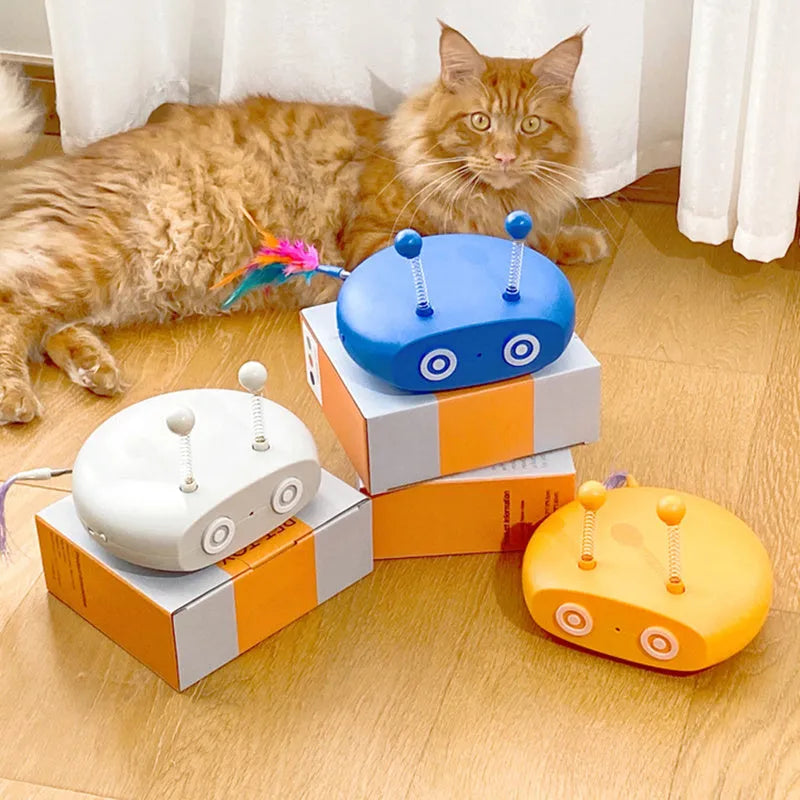 Electric robot cat toy with USB charging, feather stick, and laser in blue grey and yellow