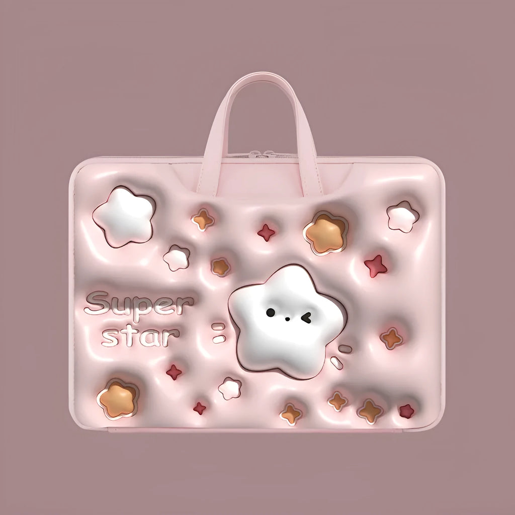 PU leather inflatable laptop bag with cartoon print, shown hanging from a suitcase handle.