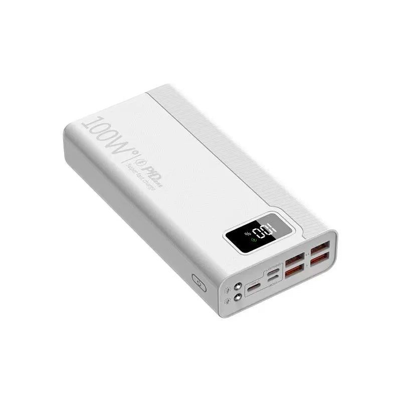 Large capacity power bank in black or white plastic shell with fast charging capability