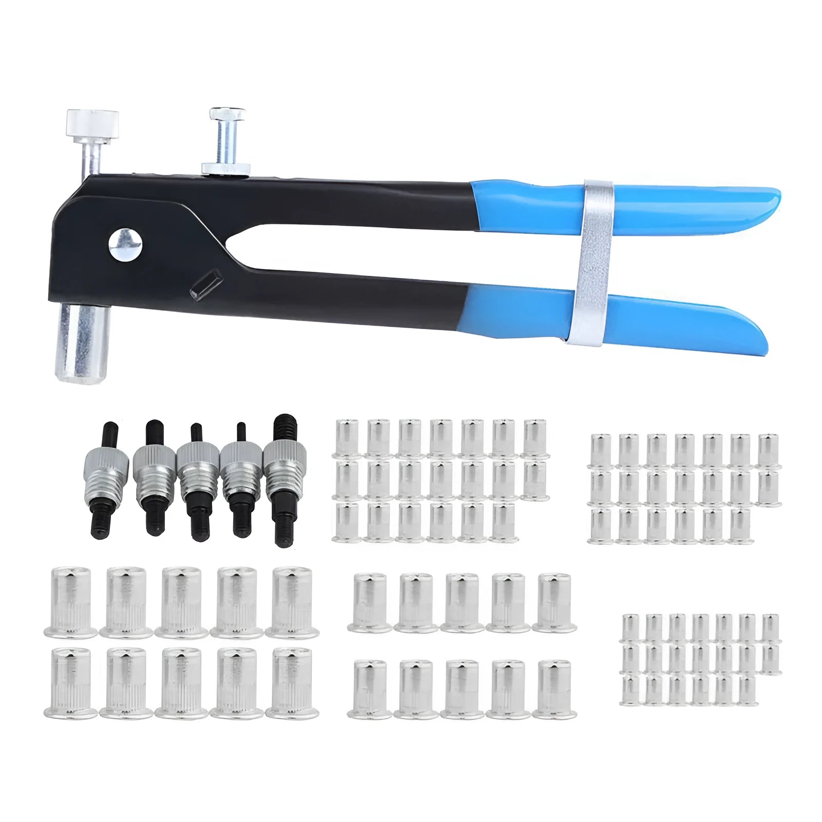 Alloy steel manual riveter nut set with mandrels, shown in 86pc or 106pc kit options