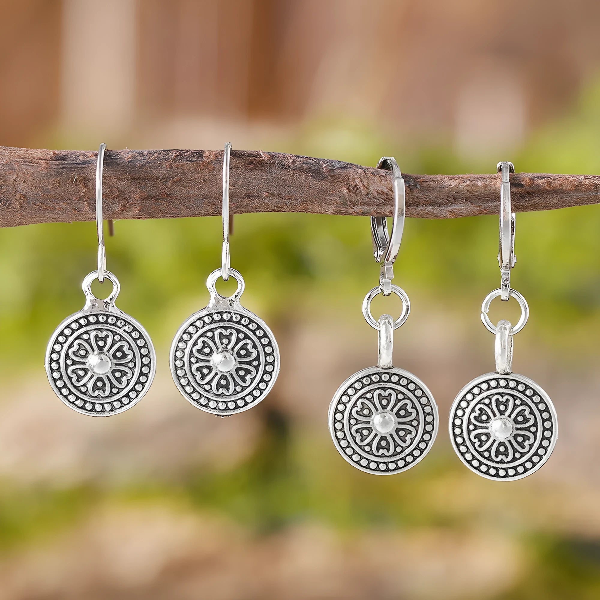 Bohemian retro geometric round earrings with distressed ethnic print in zinc alloy construction