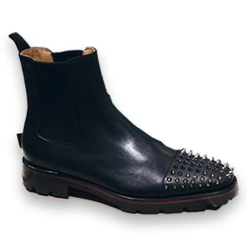 Men's black leather high-top business casual shoes on a neutral background.