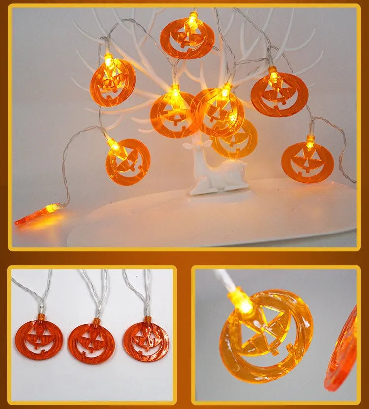 Halloween battery LED string lights showing bat, pumpkin, ghost and spider shapes on a 1.2 metre white wire.