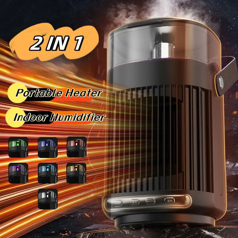 Black portable personal heater with humidifier showing front control panel and compact design