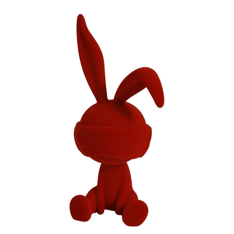 Suede blindfold rabbit resin table ornament in blue, green, or red colour