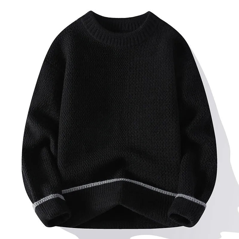 A man's grey loose-fit round-neck long-sleeve casual pullover sweater on a plain background.