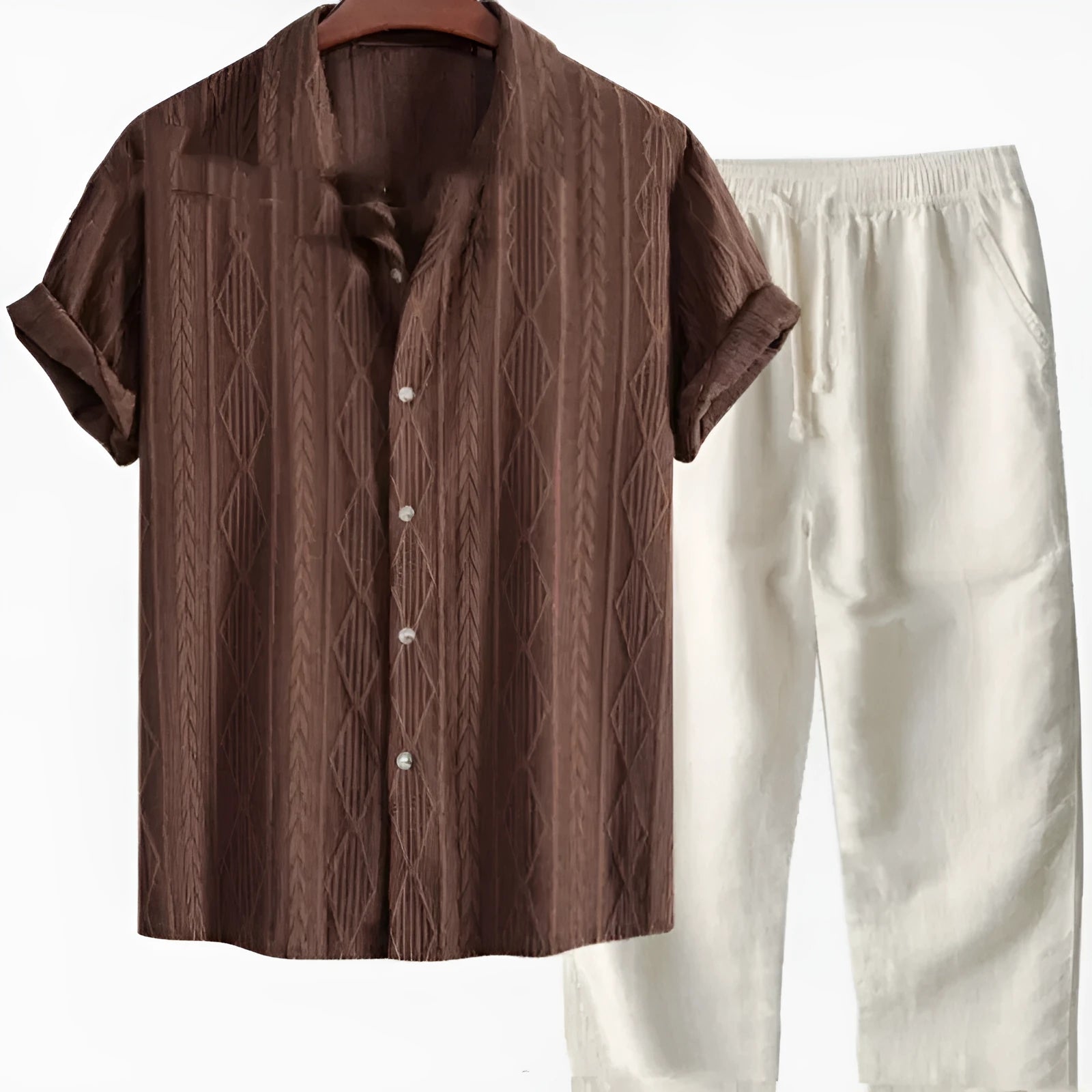 Men's loose fit summer suit with short sleeve shirt and trousers in milk silk polyester fabric