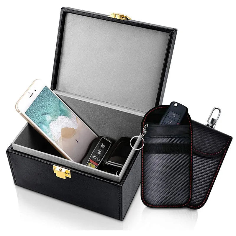 Slate grey RFID shielding box suit with carbon fibre lining and two matching key cases