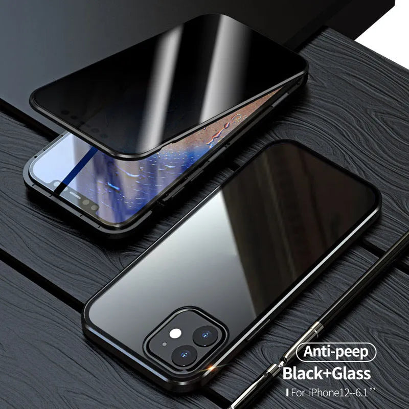 Black magnetic privacy glass phone case for iPhone with anti-spy tempered glass screen protector.
