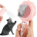 Grey pet grooming brush with self-cleaning button and water spray function on a white background