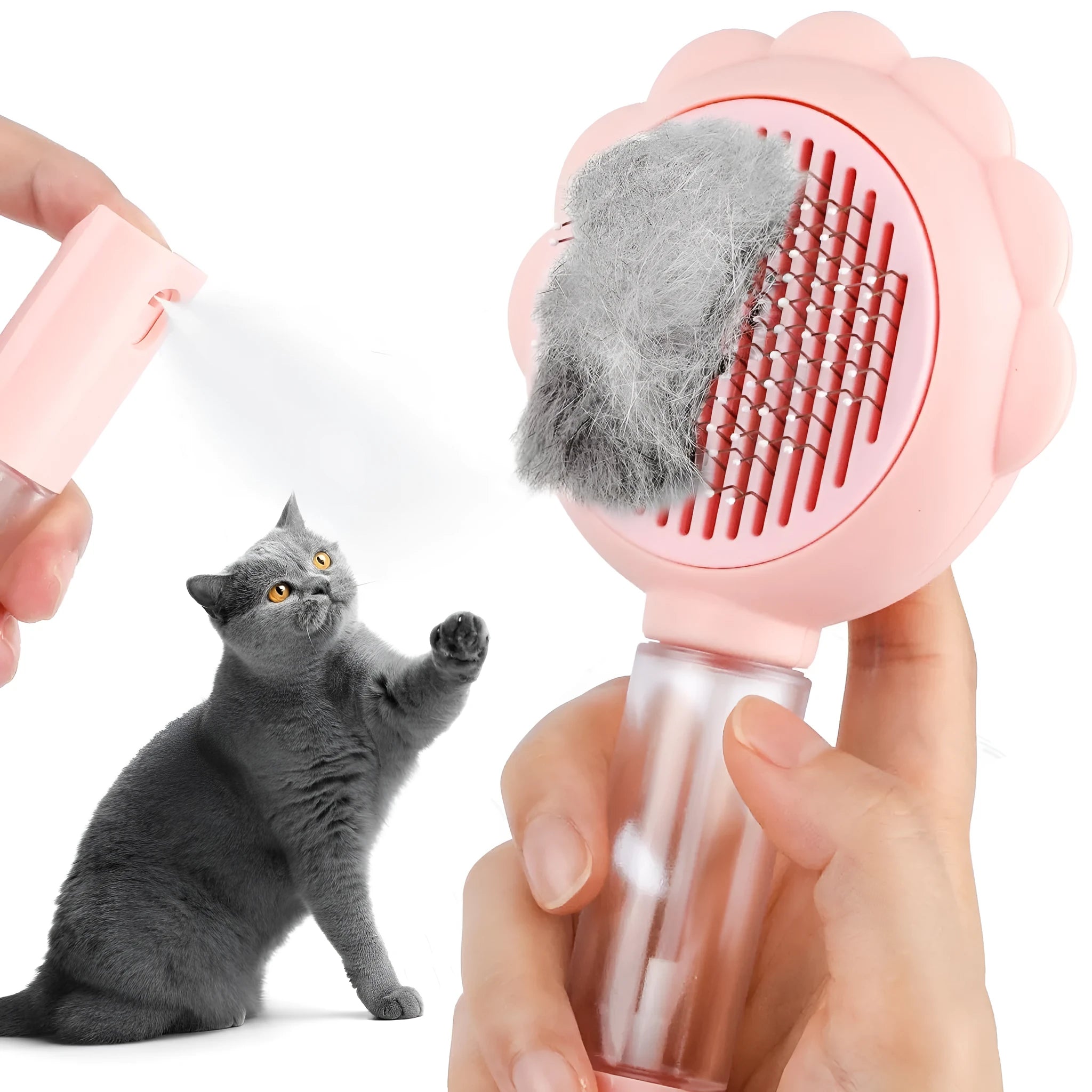 Grey pet grooming brush with self-cleaning button and water spray function on a white background