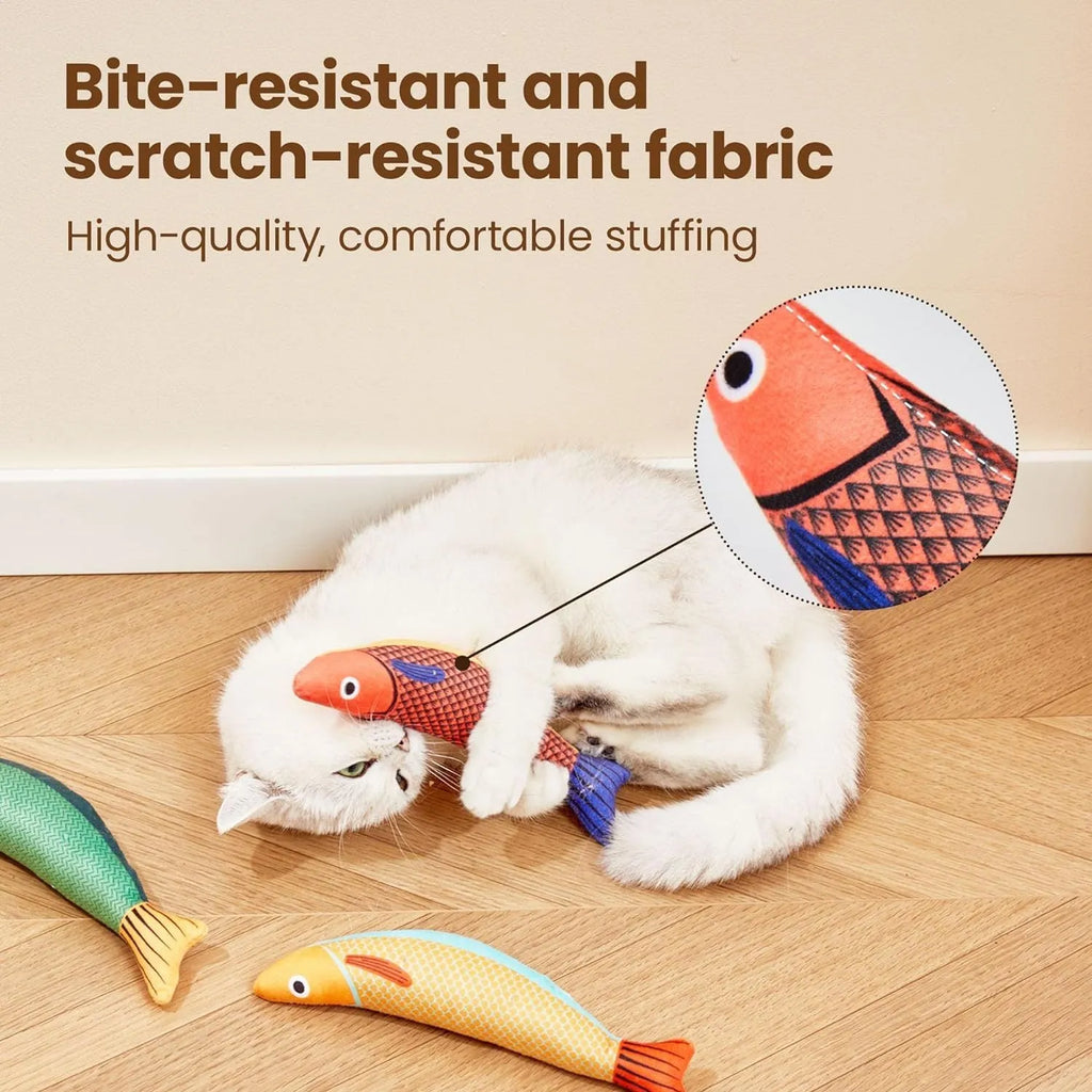 Saury fish-shaped cat kicker toy in bright colours with soft plush exterior