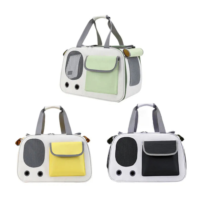 Foldable single shoulder pet carrier bag in black, green, or yellow canvas with large capacity interior