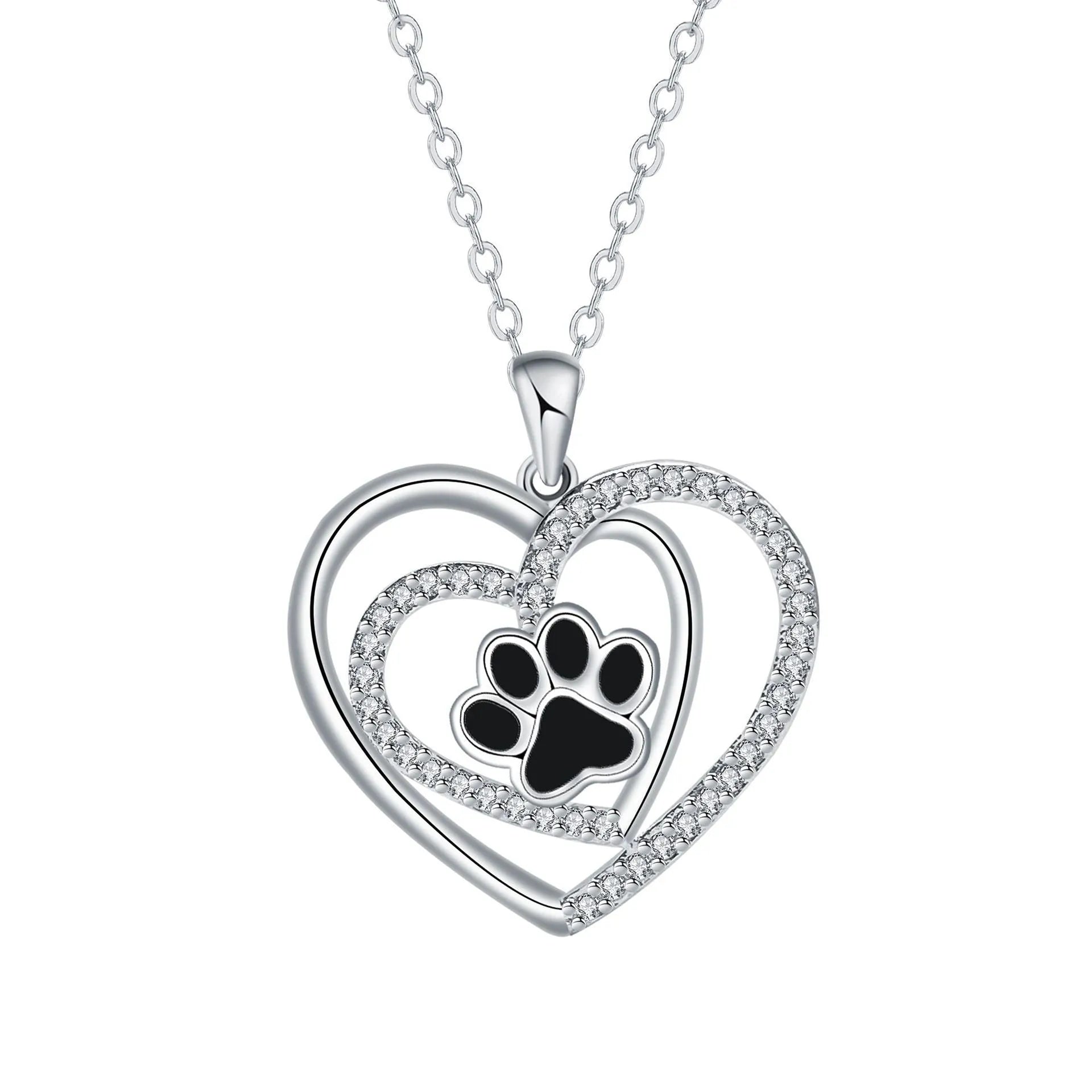 Women's copper heart-shaped pendant necklace with detailed dog's paw prints and cross chain