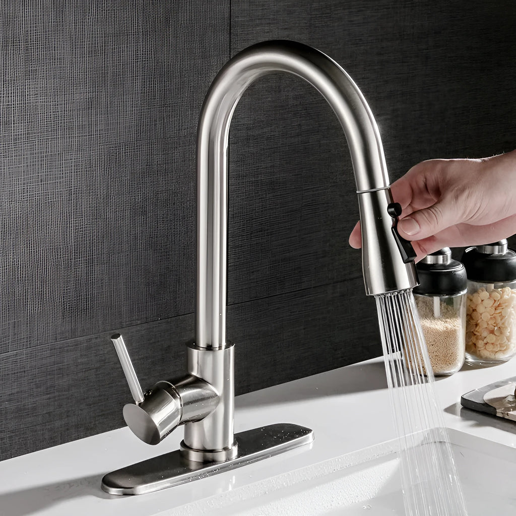Brushed copper pull-out kitchen faucet with stainless steel body, single handle, and wire-drawn finish