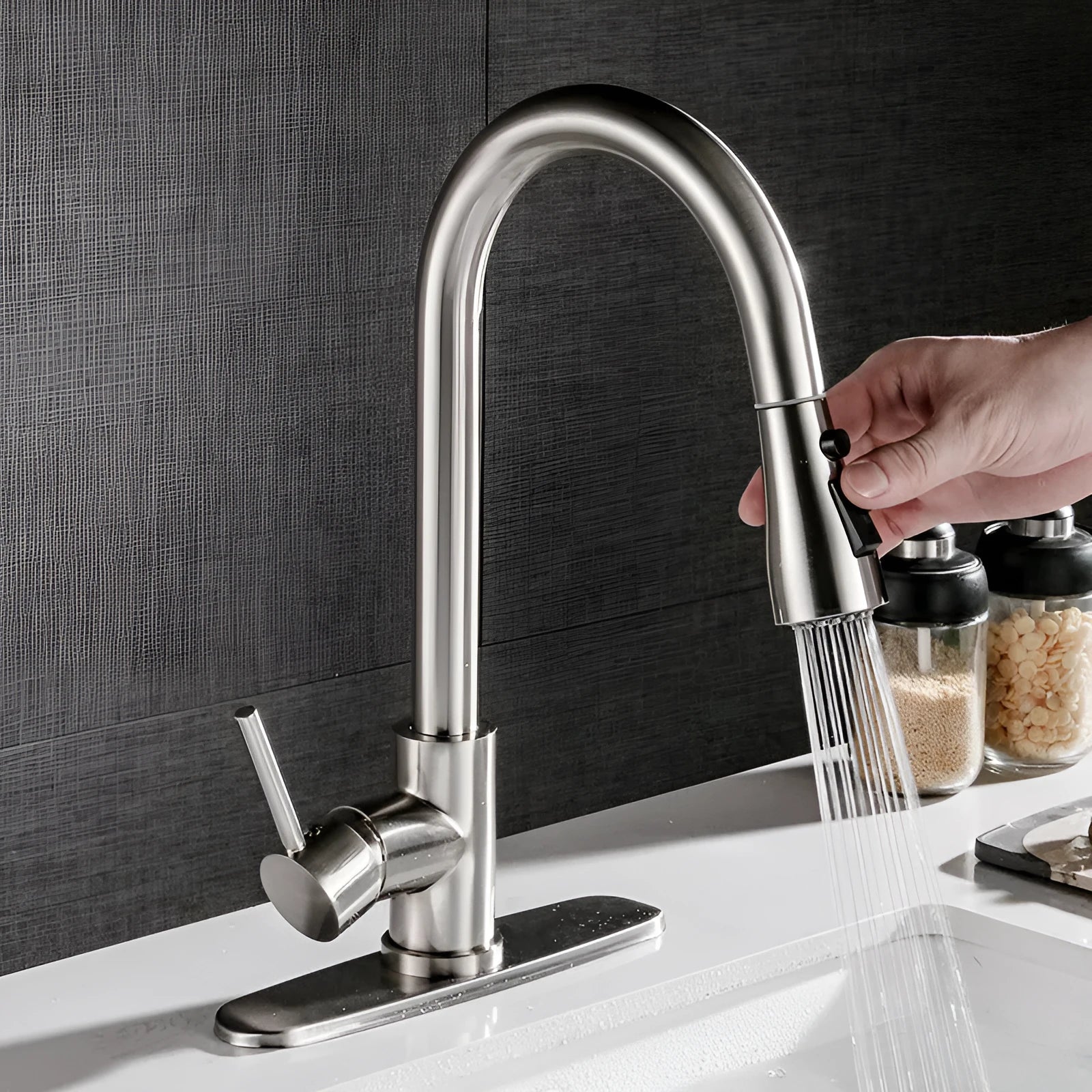 Brushed copper pull-out kitchen faucet with stainless steel body, single handle, and wire-drawn finish
