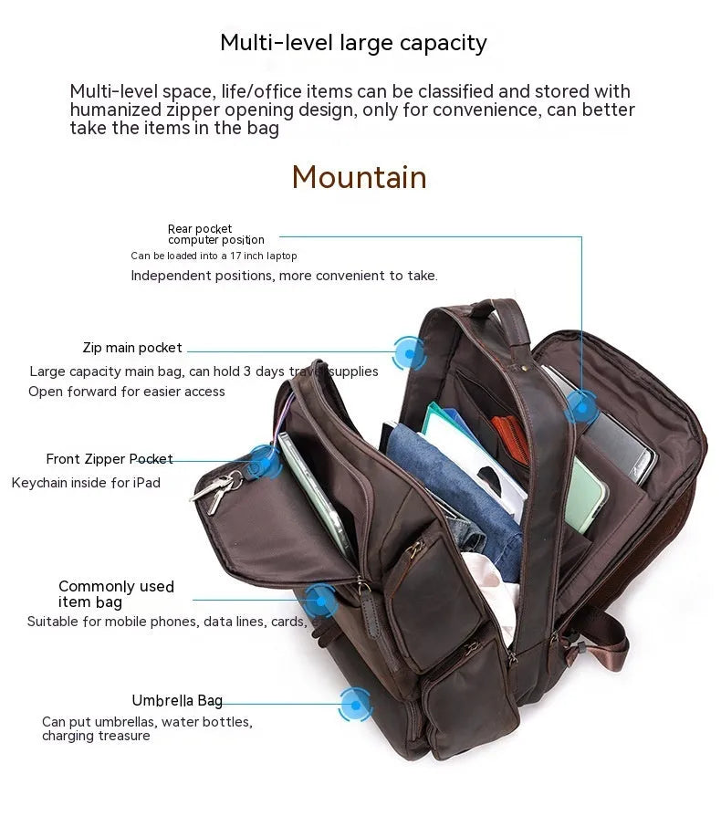 Dark brown retro crazy horse leather backpack for a 17-inch laptop, showing double shoulder straps and external pockets.