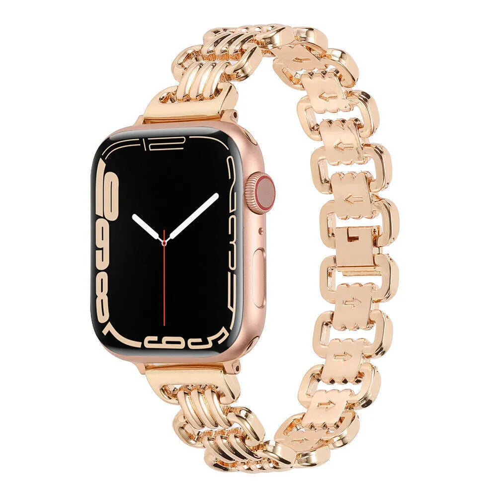 Alloy metal Apple Watch replacement bracelet in silver, black, gold, rose gold and Starlight colours.