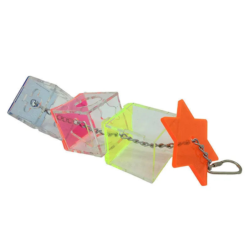 Clear acrylic bird foraging toy measuring 5cm by 5cm by 32cm for parrot education and food containment