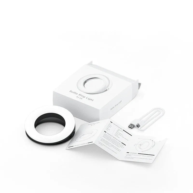 Black selfie ring light with adjustable brightness for mobile phone photography