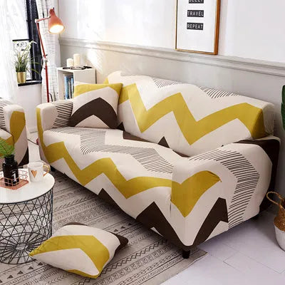 Geometric pattern stretch sofa slipcover fitted on a double seat sofa