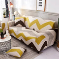 Geometric pattern stretch sofa slipcover fitted on a double seat sofa