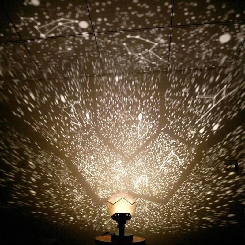 LED starry sky projector night light showing constellation projection on a dark bedroom ceiling.