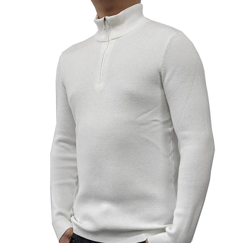 Men's grey half-turtleneck zip front sweater with long sleeves on a hanger.