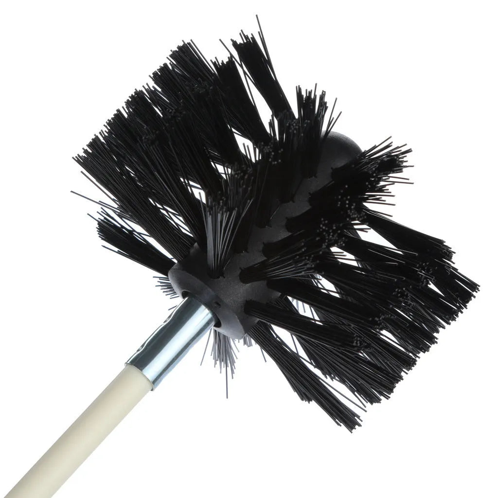 Flexible chimney cleaning brush with bendable rod and nylon bristles for dryer and duct cleaning.