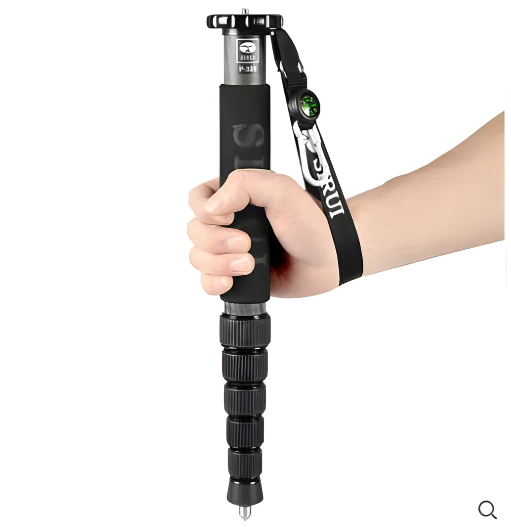 Black carbon fibre SLR camera monopod extended to maximum height of 1540mm
