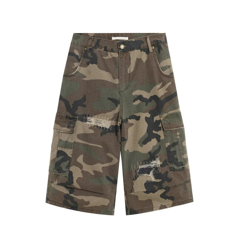 Men's cropped camouflage jeans with retro patch and ripped detailing in straight leg cut