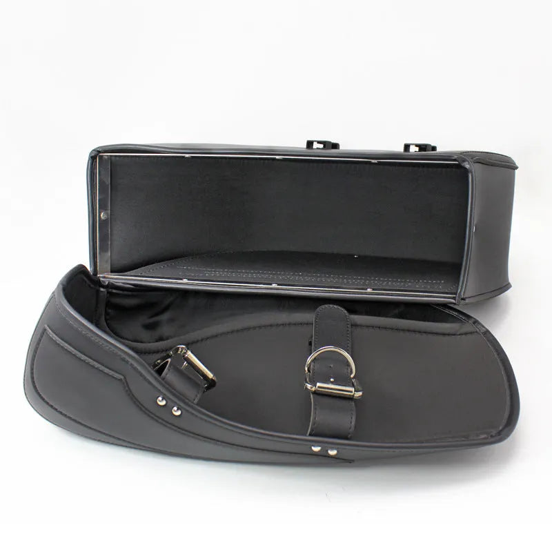Retro style motorcycle side box in PU leather measuring 42x15x30cm in black and brown colour options