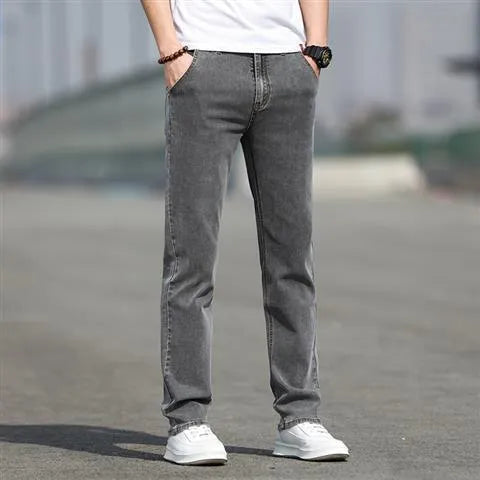 Men's autumn smoky grey straight leg jeans with high elasticity and low waist design