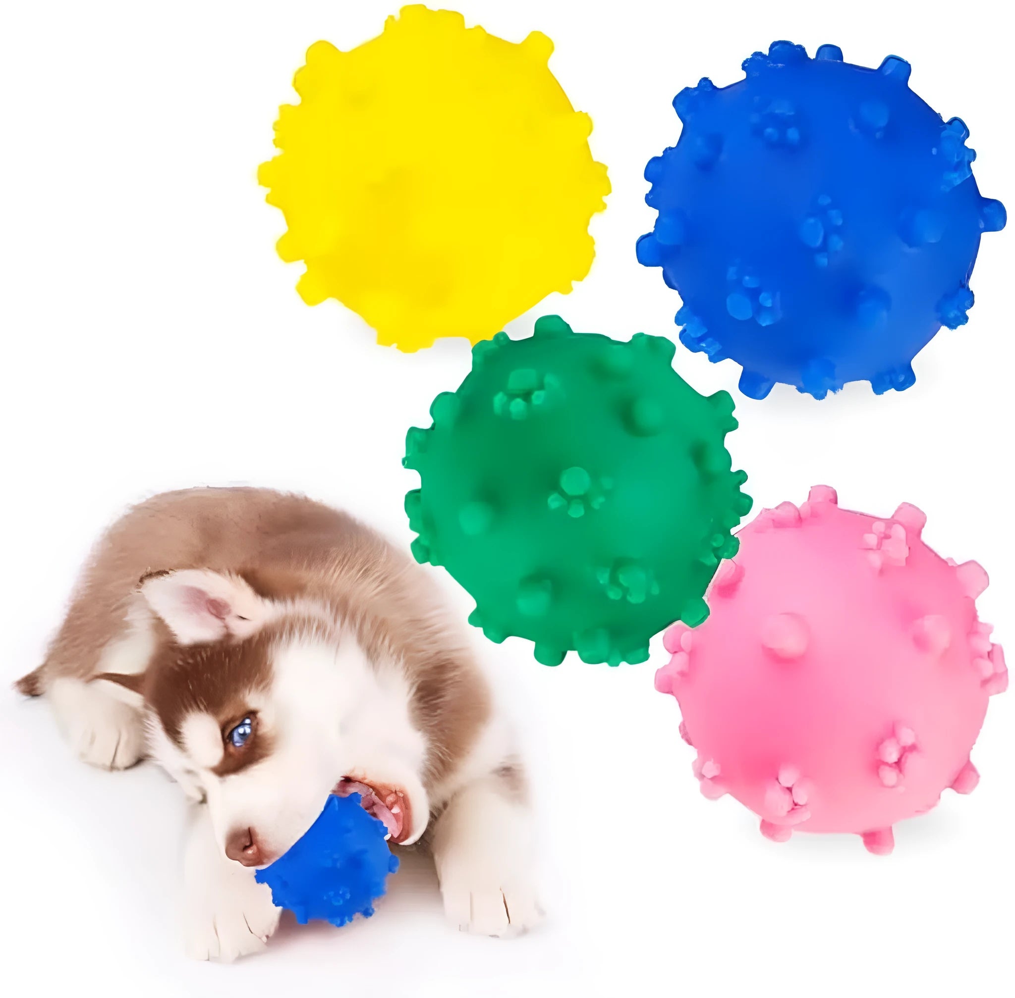 Blue, green, pink, and yellow 2-inch dog balls with spiked dimple texture on grass.