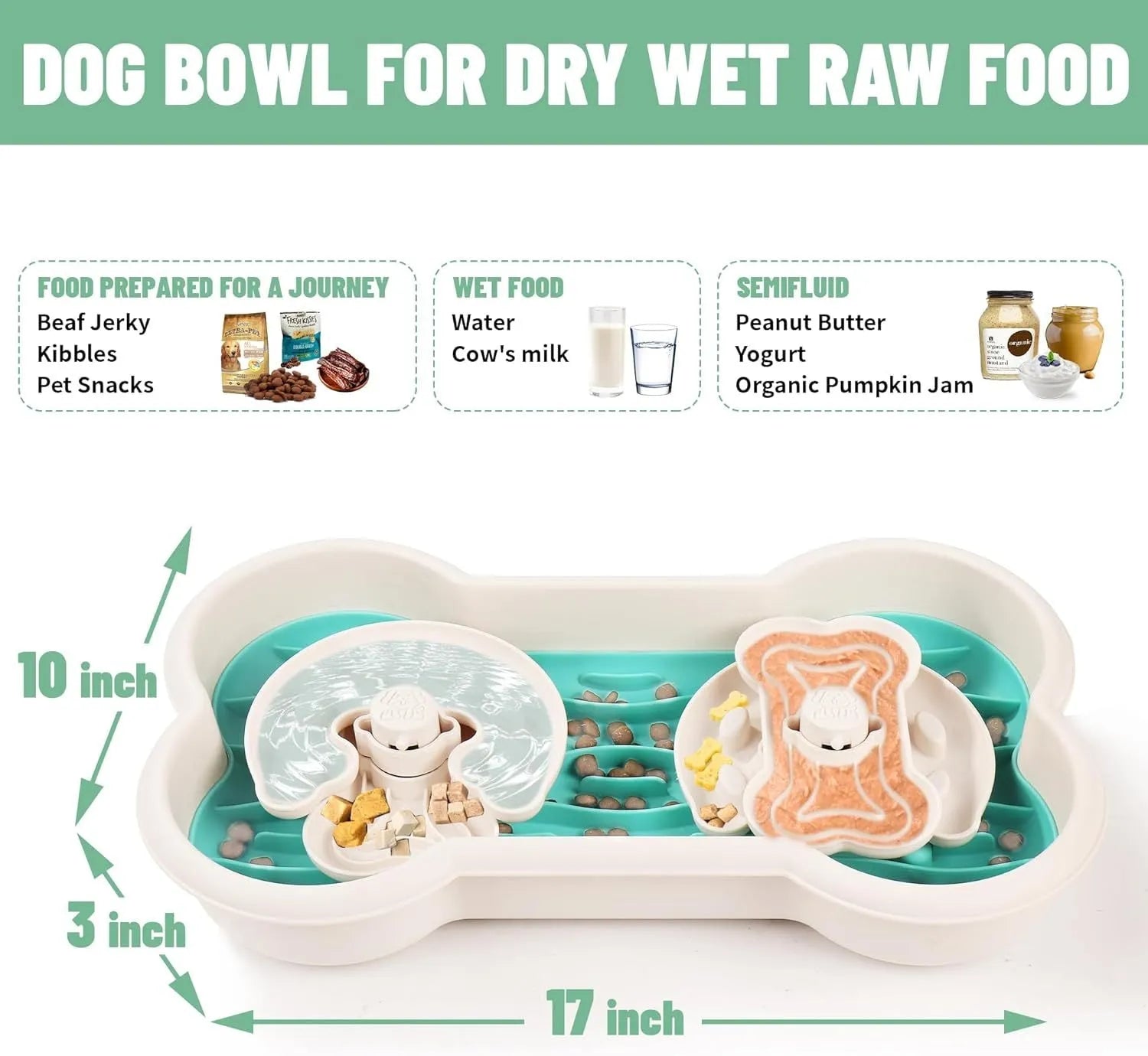 Large green slow feeder dog bowl with puzzle trays and non-slip suction cups.