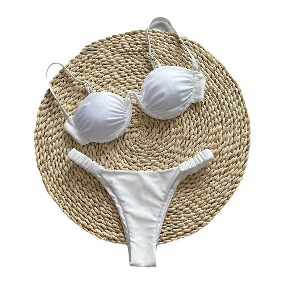 Women's black underwire bikini swimsuit set with brief bottoms on a mannequin.