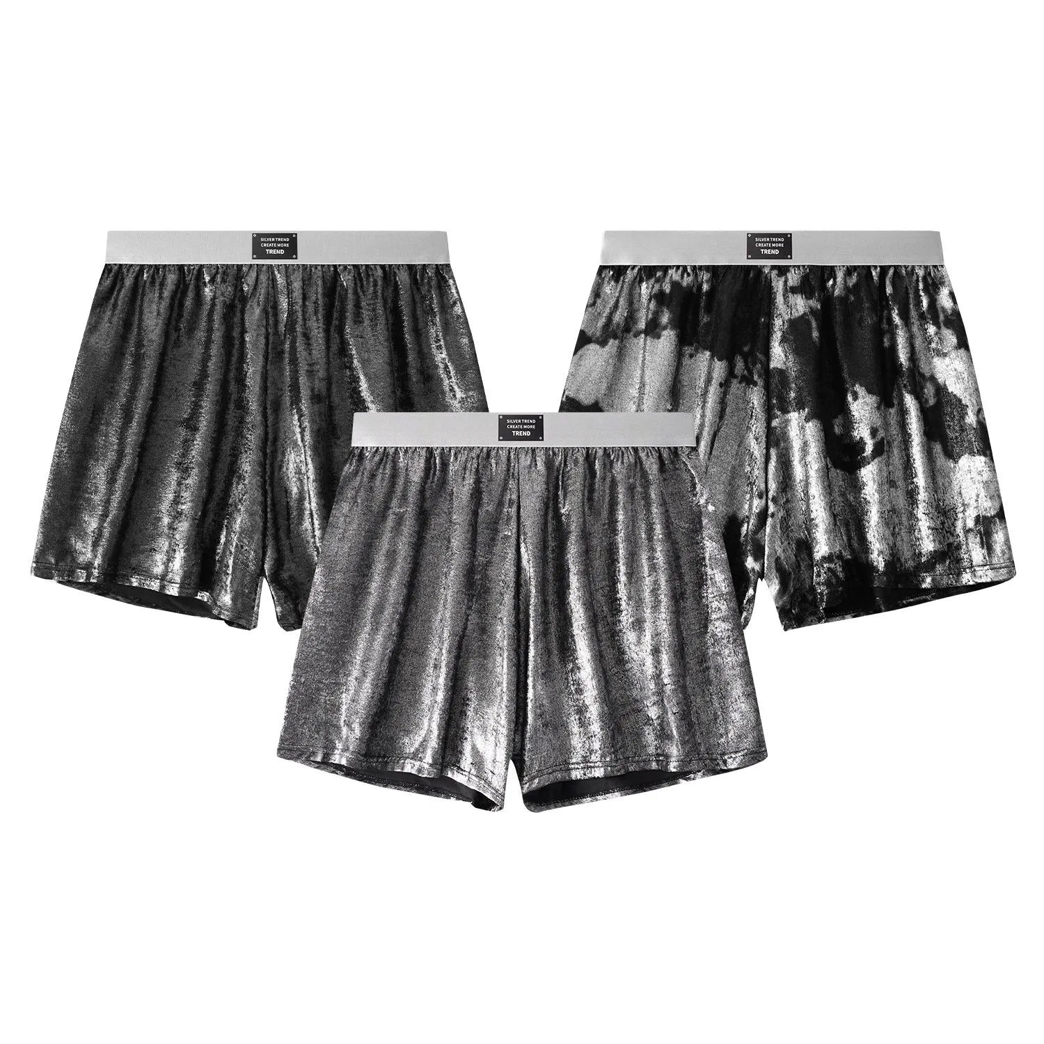 Men's bright silver reflective loose sports boxers in red, black, silver, and multicolour options.
