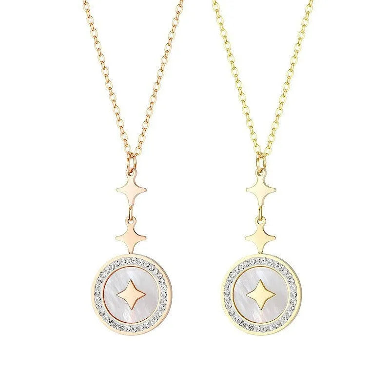 Titanium steel women's necklace with six-pointed star diamond pendant on adjustable chain