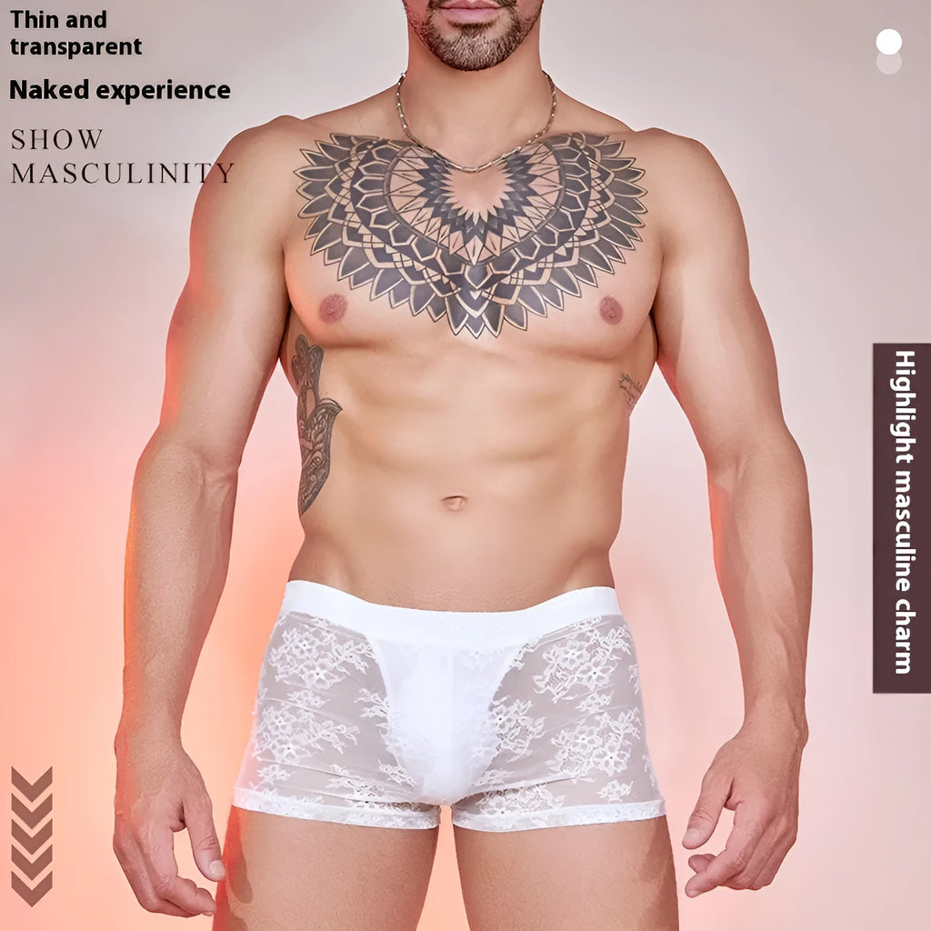 Lace men's boxers in nylon fabric available in black, white and red colours