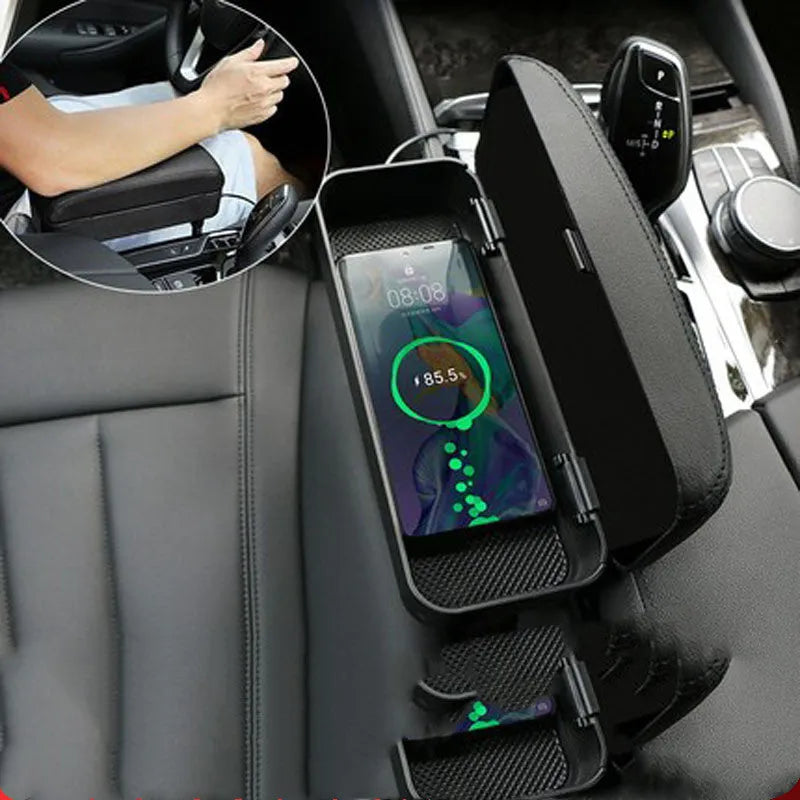 Universal car armrest box in black with storage compartment and adjustable armrest pad