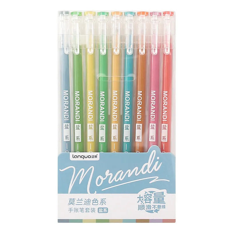 Set of nine colourful retro gel pens with 0.5mm needle tips, shown alongside a notebook.