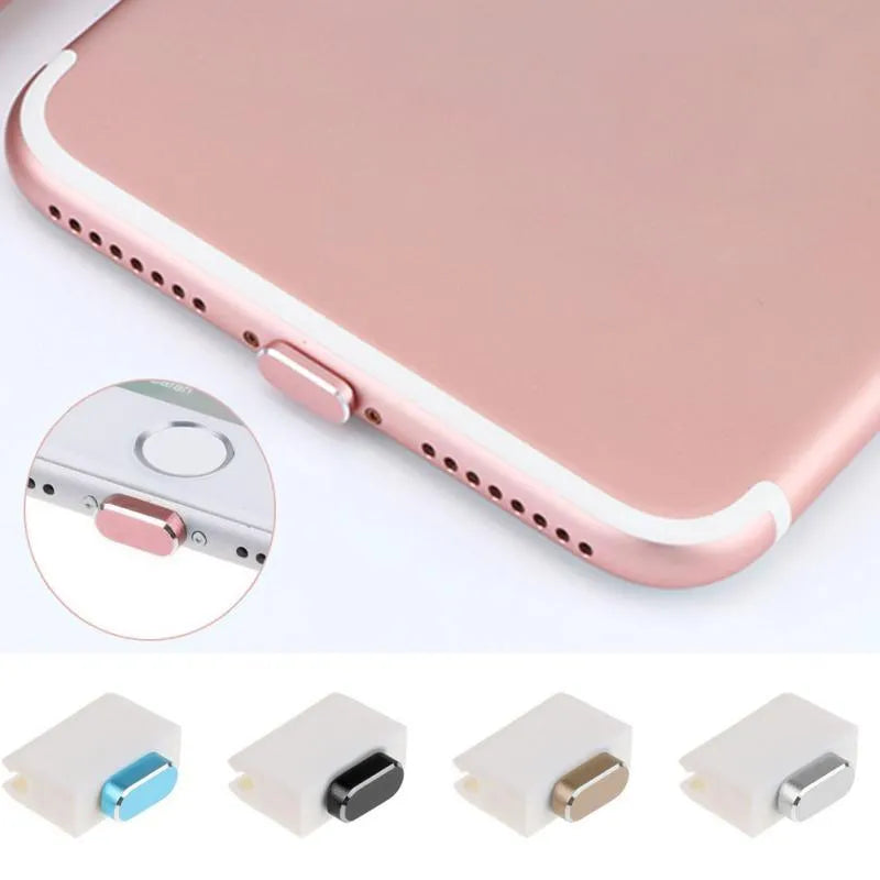 Aluminium alloy dust plug for iPhone charging port in a selection of colours including gold, silver, and rose gold.
