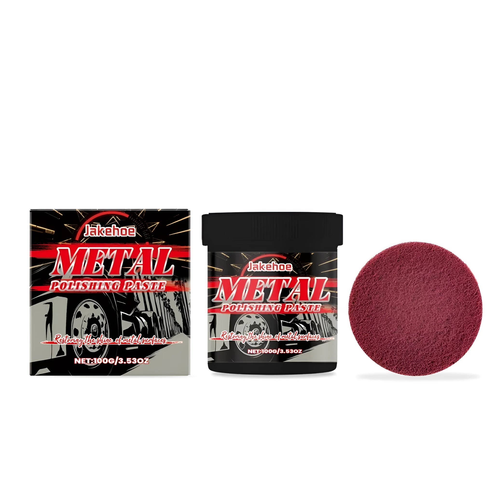 JAKEHOE metal polishing paste 100g jar with sponge applicator pad for cleaning silver and brass.