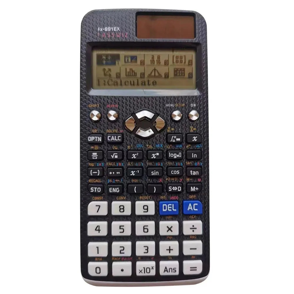 991EX scientific calculator in black, blue, or pink with solar panel and multi-line display.